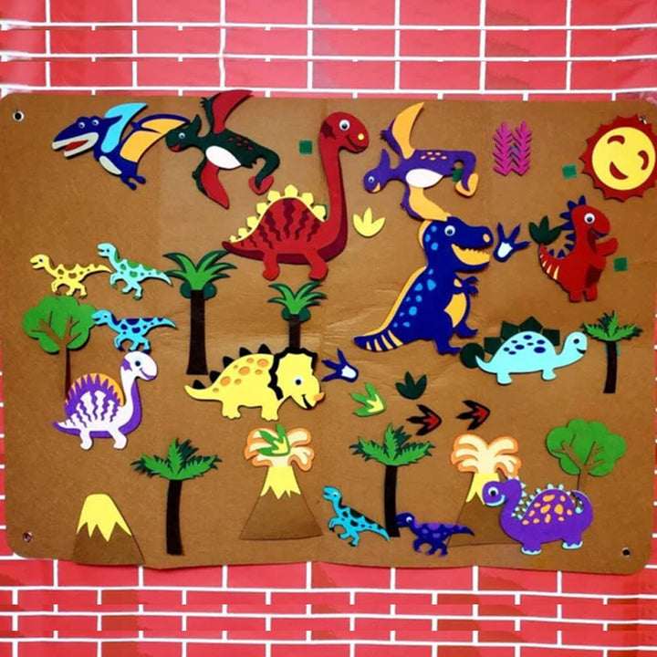 Pedagogisk flanellbräda med färgglada filtbitar för barn, perfekt för kreativ berättelseskaping och fantasifull lek.