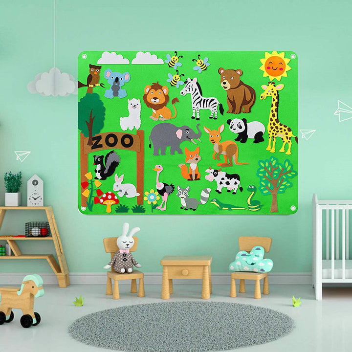 Pedagogisk flanellbräda med färgglada filtbitar för barn, perfekt för kreativ berättelseskaping och fantasifull lek.