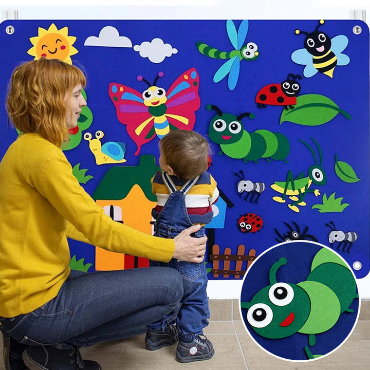 Pedagogisk flanellbräda med färgglada filtbitar för barn, perfekt för kreativ berättelseskaping och fantasifull lek.