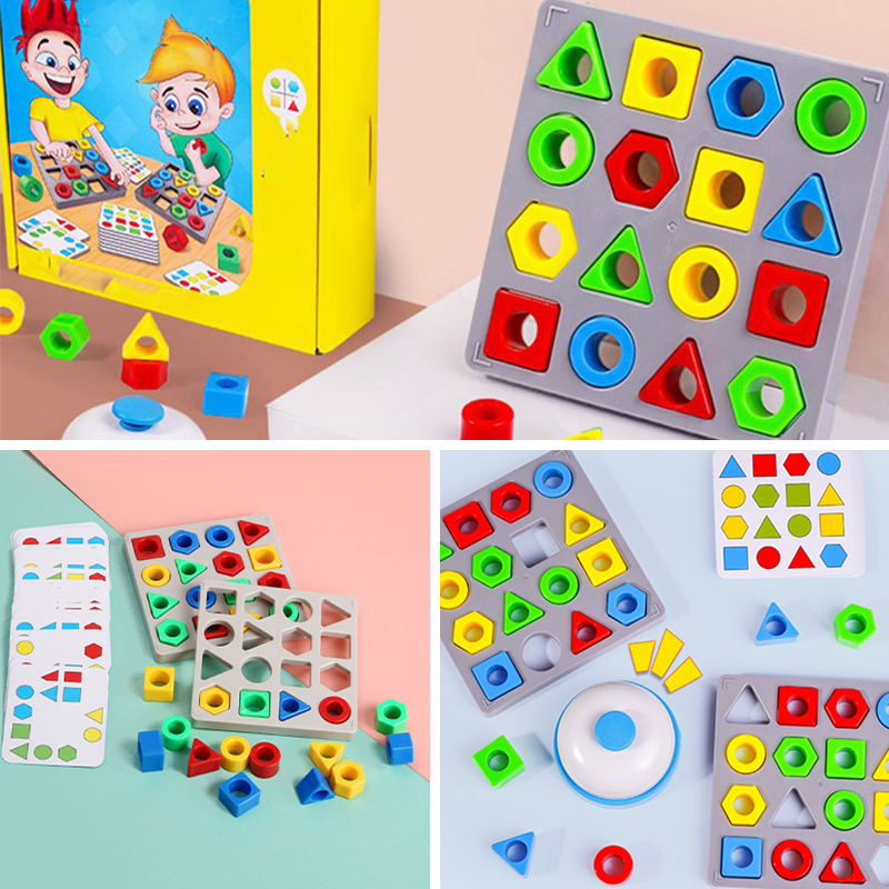 "Pedagogiskt form- och färgsensorspel för barn med färgglada geometriska block och spelbrädor, utvecklar kognition."