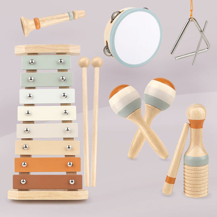 Pedagogiskt Montessori musikset i trä för småbarn. Främjar motorik, rytm & kreativitet med barnvänliga instrument.