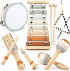Trämusikinstrument för småbarn, Montessori-inspirerade. Utvecklar finmotorik & hörsel med säkra träleksaker.