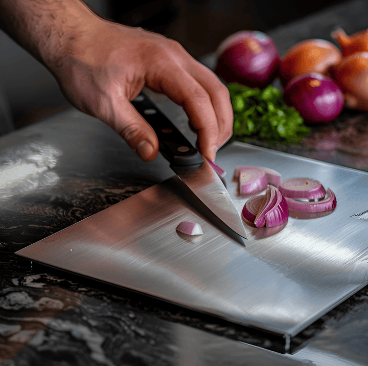 Dubbelsidig PerfeChop skärbräda av rostfritt stål, perfekt för grönsaker och kött, hygienisk.