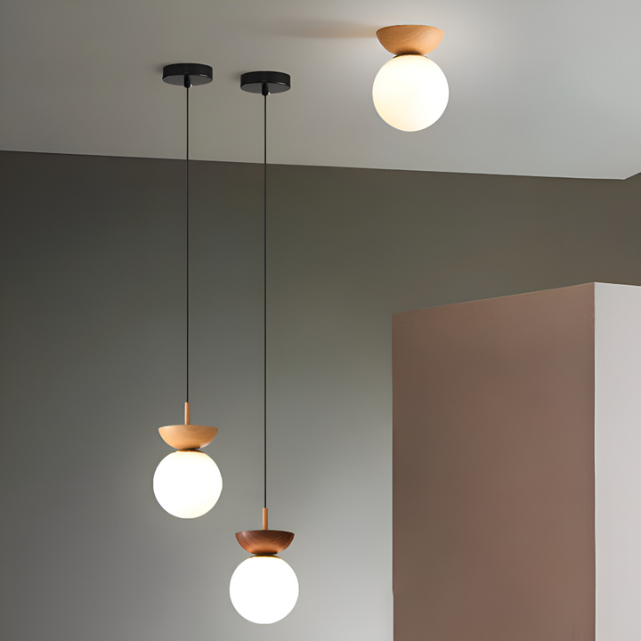 Modern Perle LED-taklampa. Japansk design, pärlor och valnötsträ för vardagsrum & sovrum.