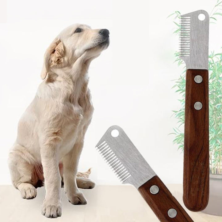 "Pet groomingkam för hundar och katter, anpassad design för höger/vänsterhand, ståltandade blad för effektiv trasselhållning.