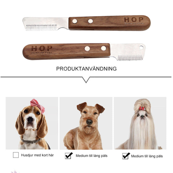 "Pet groomingkam för hundar och katter, anpassad design för höger/vänsterhand, ståltandade blad för effektiv trasselhållning.