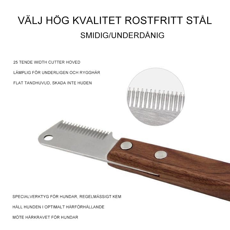 "Pet groomingkam för hundar och katter, anpassad design för höger/vänsterhand, ståltandade blad för effektiv trasselhållning.