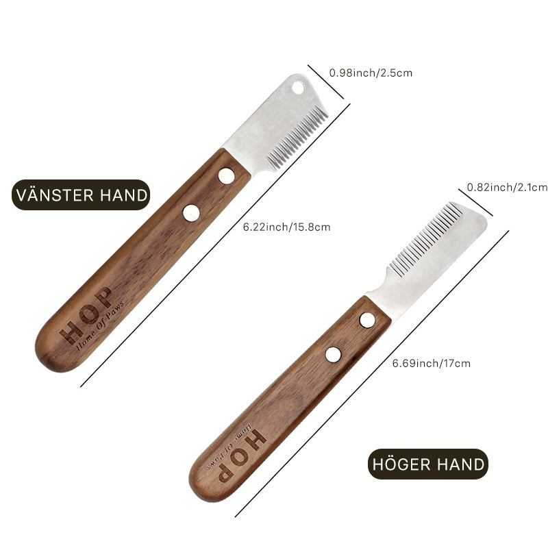 "Pet groomingkam för hundar och katter, anpassad design för höger/vänsterhand, ståltandade blad för effektiv trasselhållning.