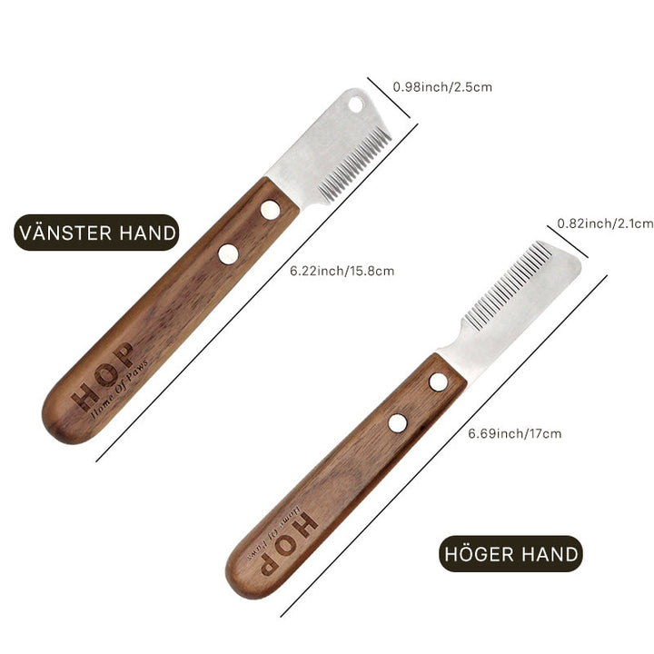 "Pet groomingkam för hundar och katter, anpassad design för höger/vänsterhand, ståltandade blad för effektiv trasselhållning.