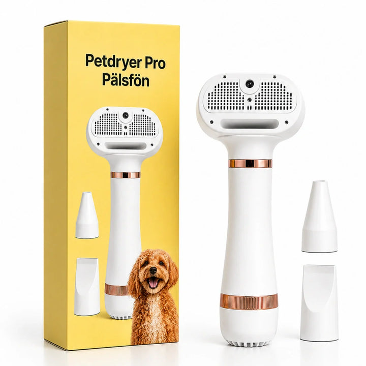 Petdryer Pro 3-i-1 pälsfön borste för hund och katt. Effektiv djurtork för skonsam pälsvård.