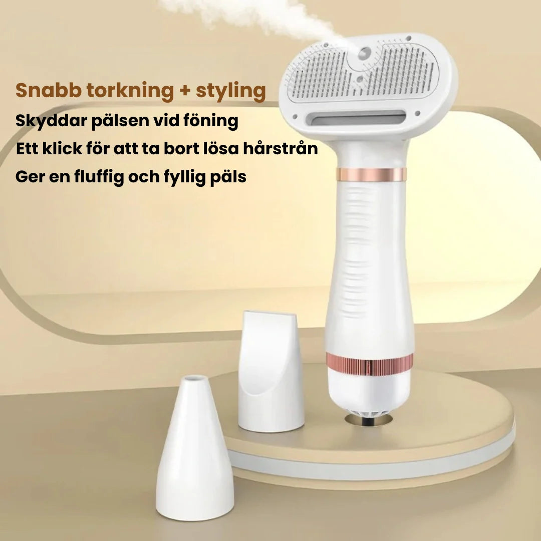Portabel Petdryer Pro 3-i-1 pälsfön borste. Tyst djurtork för stressfri hund- & kattvård i hemmet.