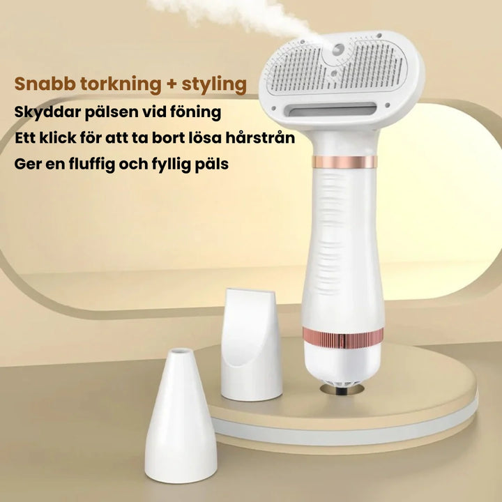 Portabel Petdryer Pro 3-i-1 pälsfön borste. Tyst djurtork för stressfri hund- & kattvård i hemmet.
