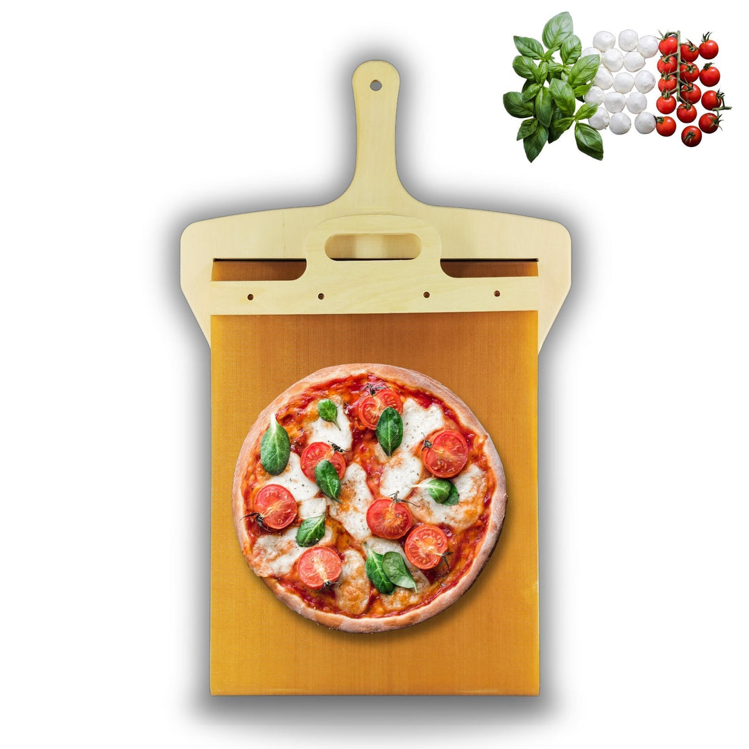 Säker pizzaspade med smart skjutmekanism, idealisk för att hantera varma pizzor och bröd i ugnen.