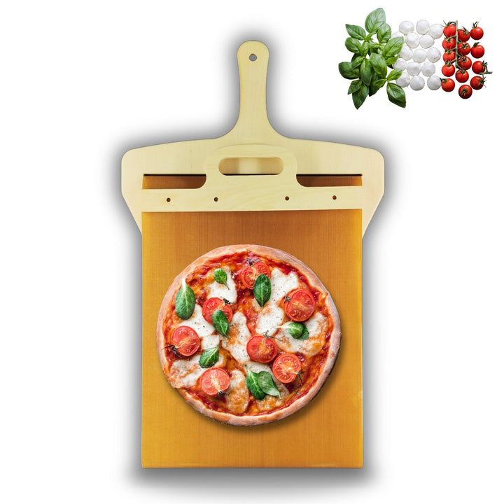 Säker pizzaspade med smart skjutmekanism, idealisk för att hantera varma pizzor och bröd i ugnen.