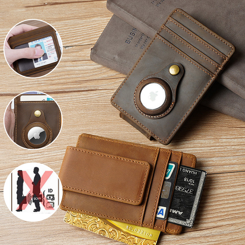 Plånbok för män i äkta läder, RFID-skydd, stilren design, ljusbrun, mörkbrun, kompakt storlek, elegant tillbehör.
