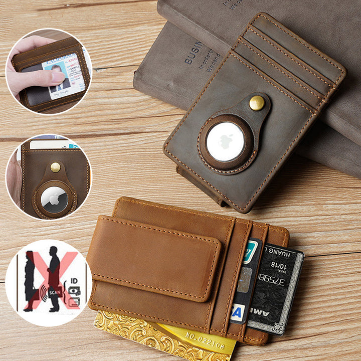 Plånbok för män i äkta läder, RFID-skydd, stilren design, ljusbrun, mörkbrun, kompakt storlek, elegant tillbehör.