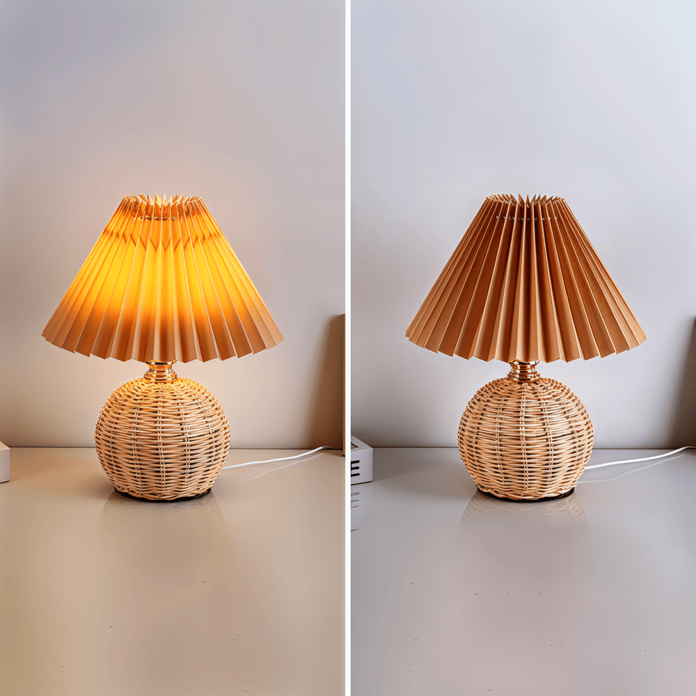 Trendig plisserad lampa med naturmaterial, retrorotting, för modern heminredning.