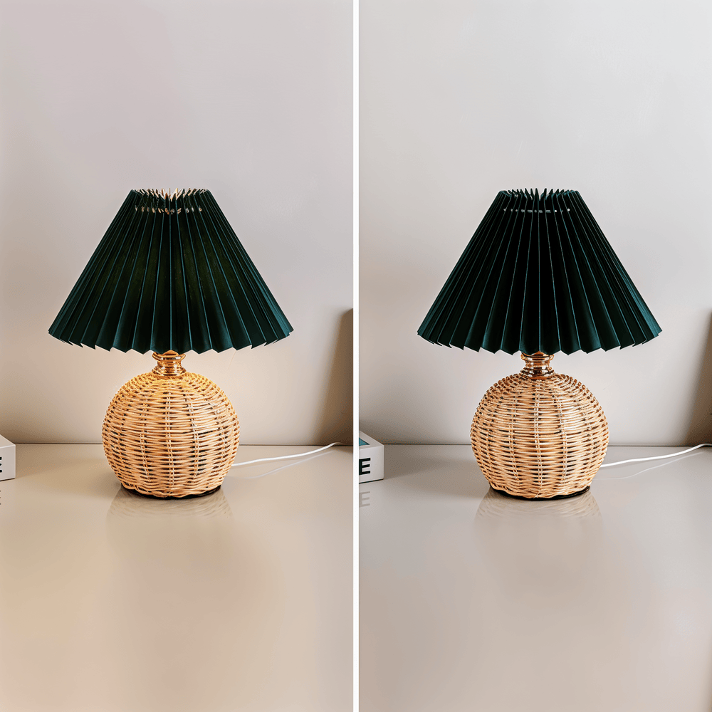 Handgjord look: plisserad bordslampa med autentisk retrorotting, mysig belysning.