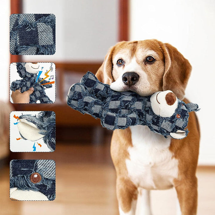 "Plyschbjörn tuggleksak för hundar, hållbar och mjuk. Blå och ljusbrun. Perfekt för aggressiva tuggare."