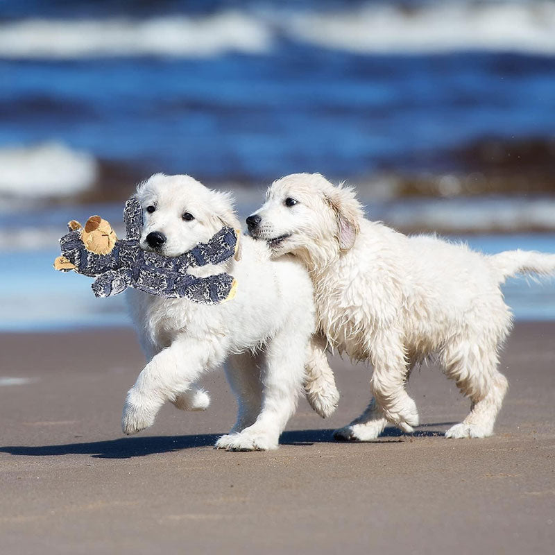 "Plyschbjörn tuggleksak för hundar, hållbar och mjuk. Blå och ljusbrun. Perfekt för aggressiva tuggare."