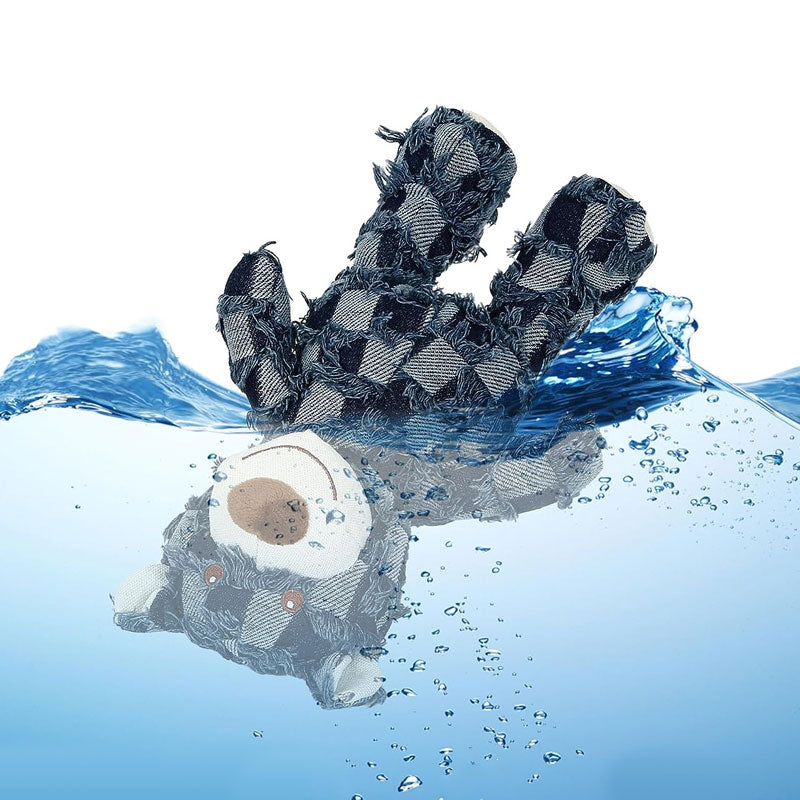 "Plyschbjörn tuggleksak för hundar, hållbar och mjuk. Blå och ljusbrun. Perfekt för aggressiva tuggare."