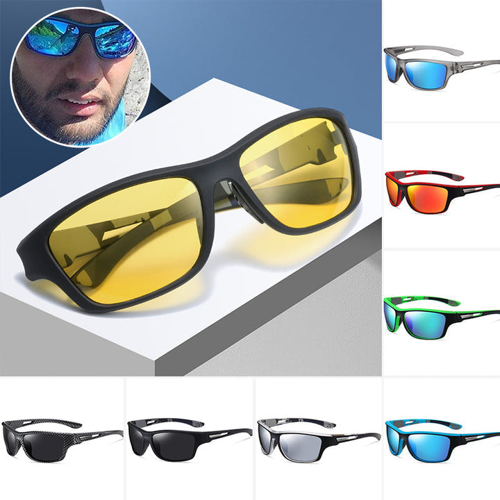 "Polariserade herrsolglasögon med fotokromiska glas, sportig design, skyddar mot bländning och UV-strålar, svart ram."