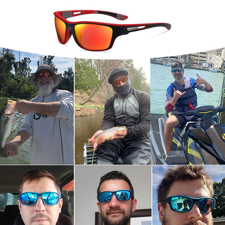 "Polariserade herrsolglasögon med fotokromiska glas, sportig design, skyddar mot bländning och UV-strålar, svart ram."