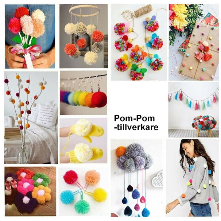 "Pom-Pom pyssel verktyg i grön, rosa, blå och gul ABS med fyra storlekar för kreativt hantverk och DIY-projekt."
