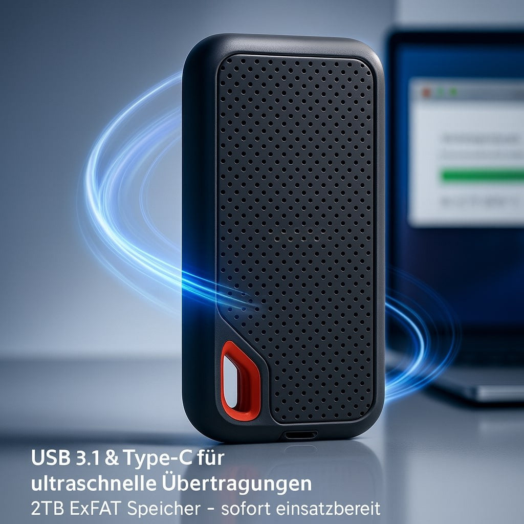 Kompakt extern 2 TB SSD-hårddisk, perfekt för portabel lagring, backup & dataöverföring via USB-C.
