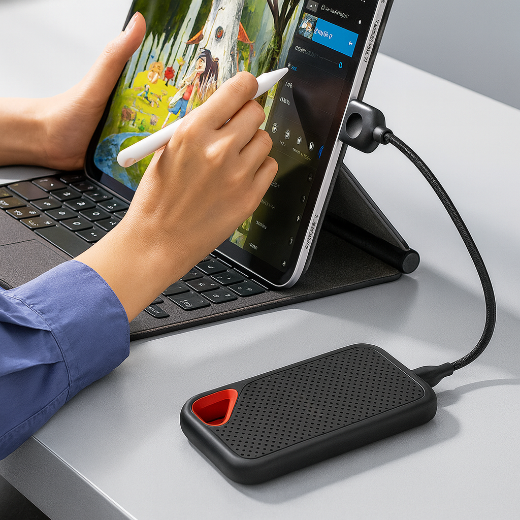 Robust 2 TB extern SSD med USB-C, optimerad för snabb datalagring och smidig backup på alla enheter.