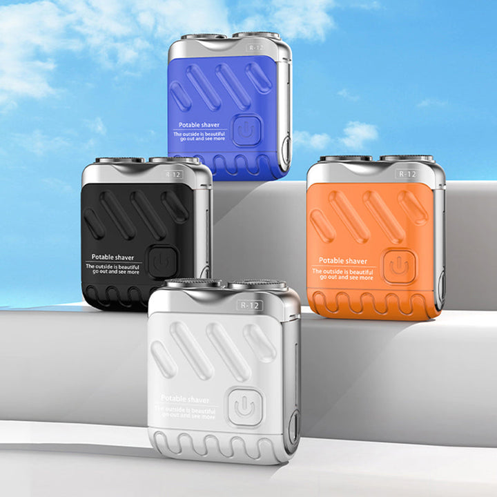 "Portabel elektrisk minirakapparat, kompakt design, för män och kvinnor, blå, orange, svart och vit."