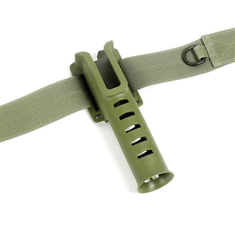 "Portabel fiskespöhållare i svart, grön och kaki med bältesfäste, gör fisket smidigare och mer bekvämt."