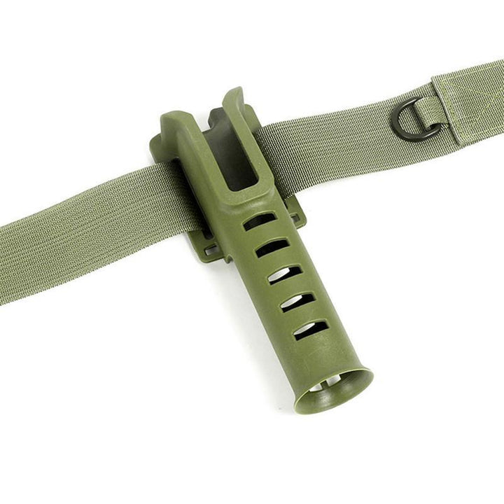 "Portabel fiskespöhållare i svart, grön och kaki med bältesfäste, gör fisket smidigare och mer bekvämt."