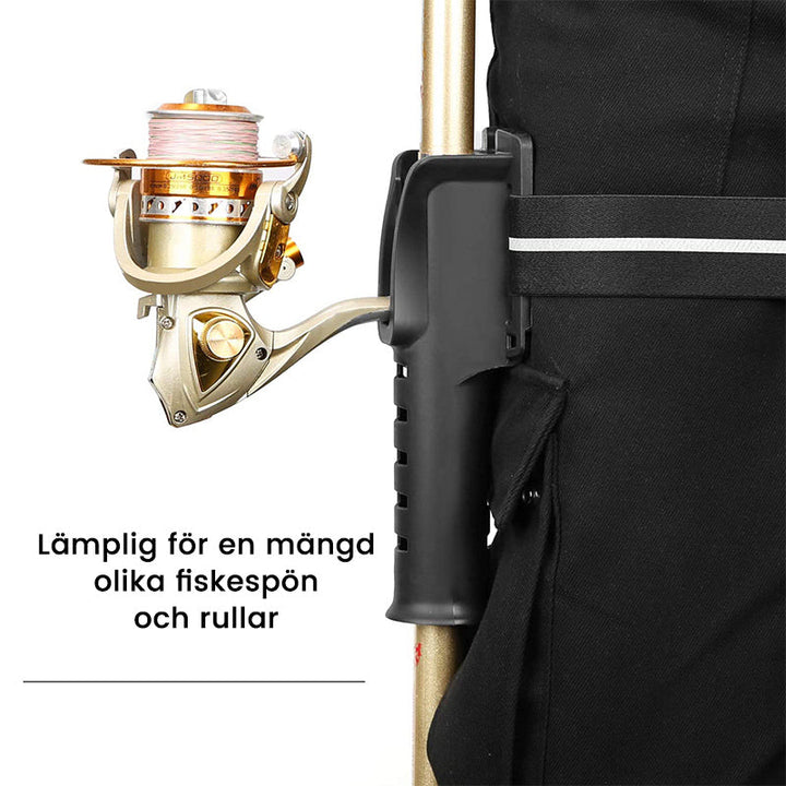 "Portabel fiskespöhållare i svart, grön och kaki med bältesfäste, gör fisket smidigare och mer bekvämt."