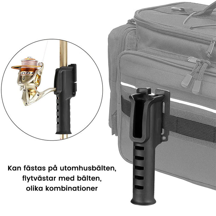 "Portabel fiskespöhållare i svart, grön och kaki med bältesfäste, gör fisket smidigare och mer bekvämt."