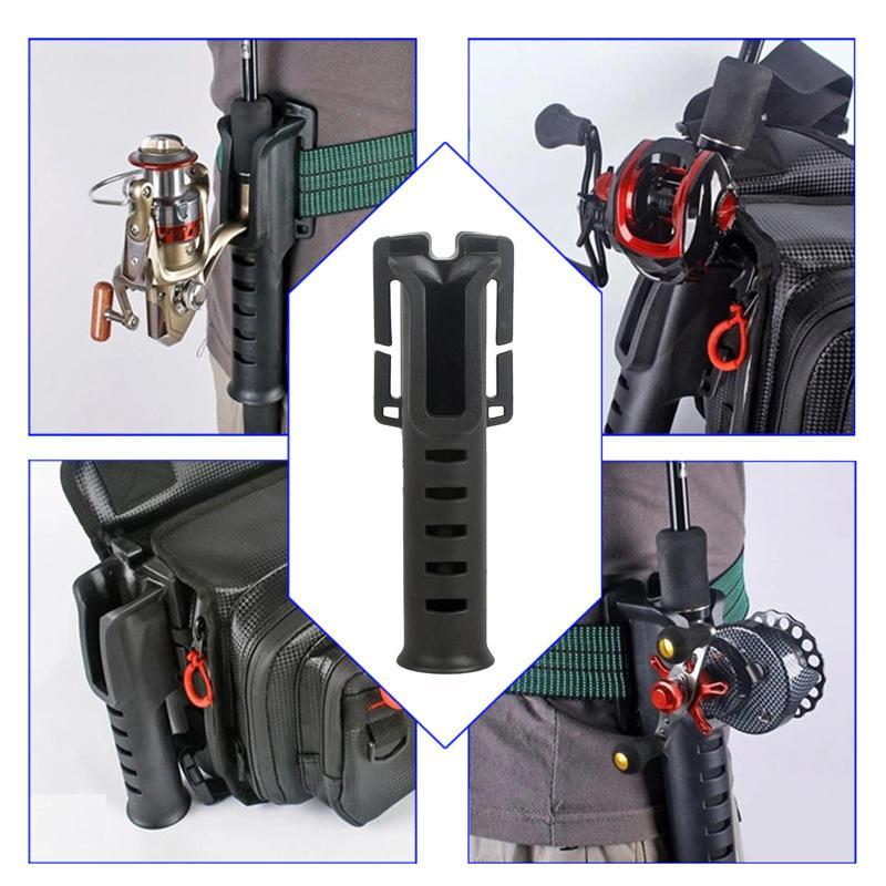 "Portabel fiskespöhållare i svart, grön och kaki med bältesfäste, gör fisket smidigare och mer bekvämt."