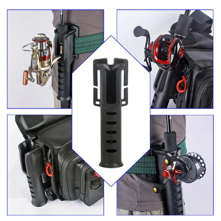 "Portabel fiskespöhållare i svart, grön och kaki med bältesfäste, gör fisket smidigare och mer bekvämt."