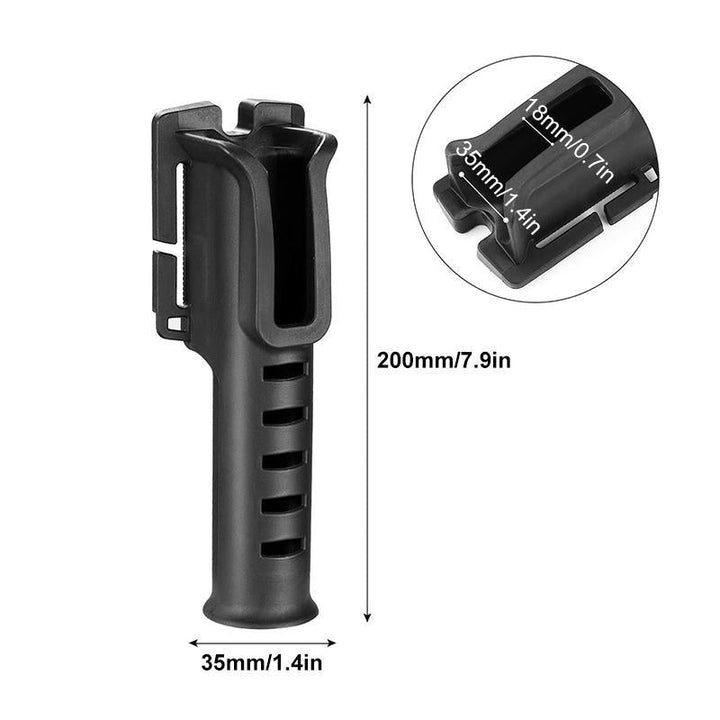 "Portabel fiskespöhållare i svart, grön och kaki med bältesfäste, gör fisket smidigare och mer bekvämt."