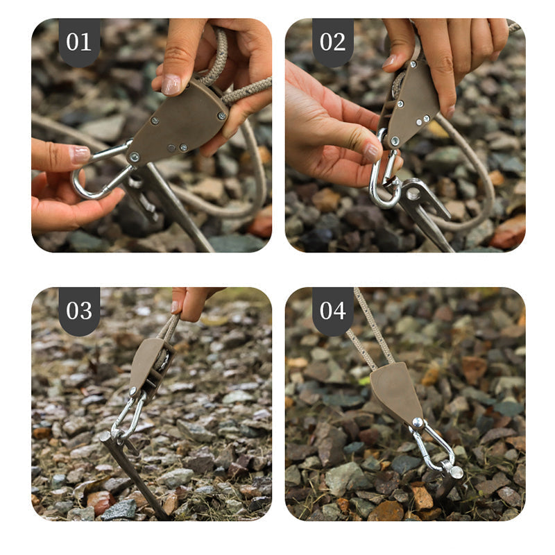 Portabel justerbar fixeringsrep, svart med reflextråd, inkluderar karbinhakar; idealiskt för camping- och utomhusbruk.