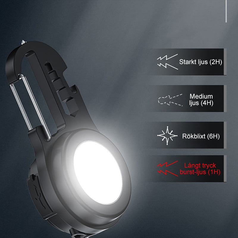 "Portabel mini LED ficklampa, kompakt design, i aluminium med stark belysning, idealisk för utomhusäventyr."