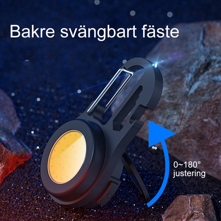 "Portabel mini LED ficklampa, kompakt design, i aluminium med stark belysning, idealisk för utomhusäventyr."