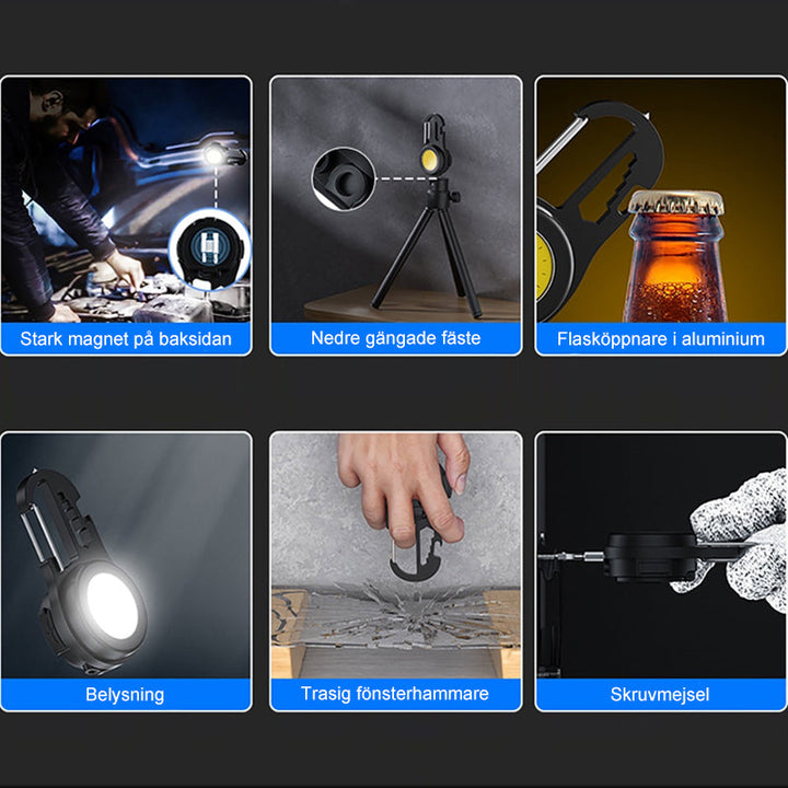"Portabel mini LED ficklampa, kompakt design, i aluminium med stark belysning, idealisk för utomhusäventyr."