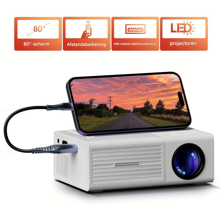 Kompakt mini-projektor med HDMI och USB för enkel anslutning till filmer och presentationer.