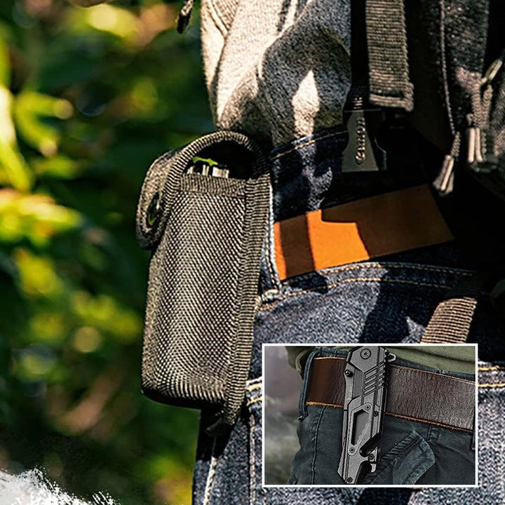 Portabel multifunktionell fällkniv av hållbart stål, kompakt design, ergonomiskt grepp, verktyg för utomhusäventyr.