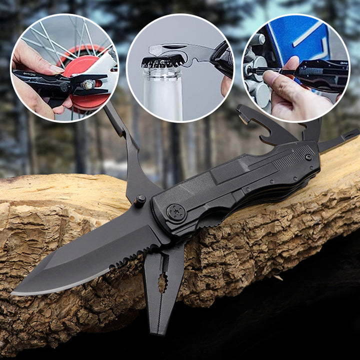 Portabel multifunktionell fällkniv av hållbart stål, kompakt design, ergonomiskt grepp, verktyg för utomhusäventyr.