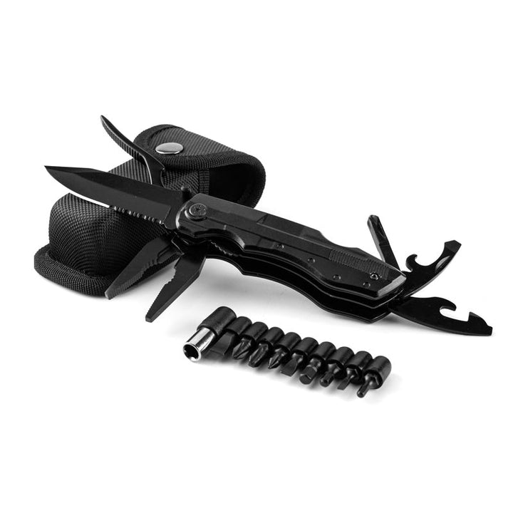 Portabel multifunktionell fällkniv av hållbart stål, kompakt design, ergonomiskt grepp, verktyg för utomhusäventyr.