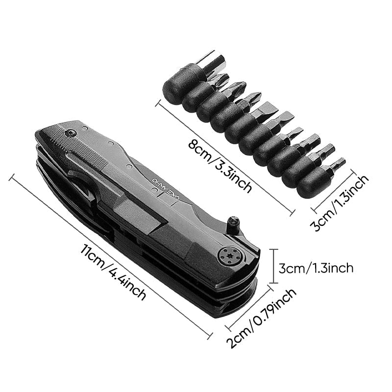 Portabel multifunktionell fällkniv av hållbart stål, kompakt design, ergonomiskt grepp, verktyg för utomhusäventyr.