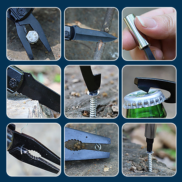 Portabel multifunktionell fällkniv av hållbart stål, kompakt design, ergonomiskt grepp, verktyg för utomhusäventyr.