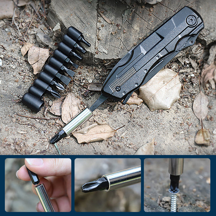 Portabel multifunktionell fällkniv av hållbart stål, kompakt design, ergonomiskt grepp, verktyg för utomhusäventyr.