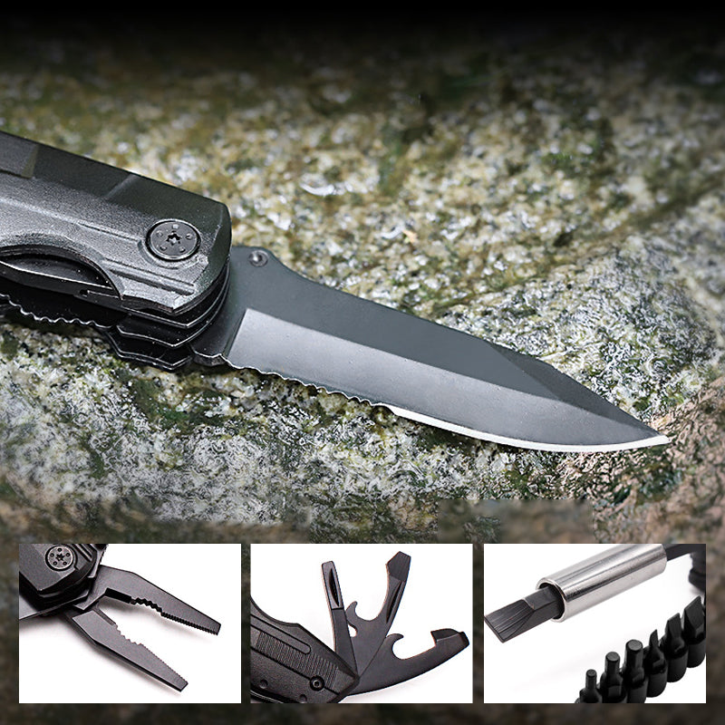 Portabel multifunktionell fällkniv av hållbart stål, kompakt design, ergonomiskt grepp, verktyg för utomhusäventyr.